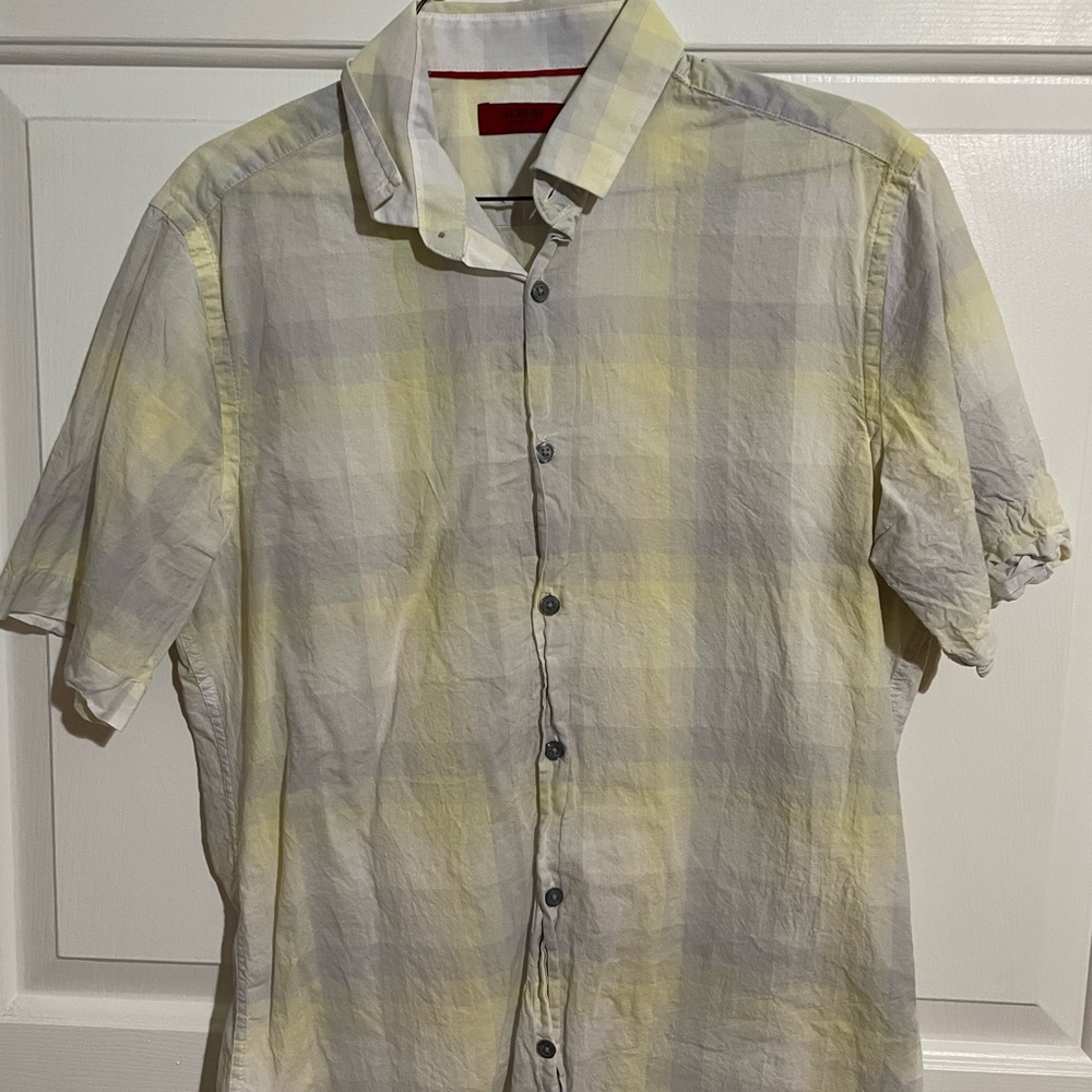 Alfani Men’s Slim Fit Pale Yellow & Grey Checkered Shirt - Small